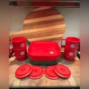Vintage Tupperware plates cups lids red green retro